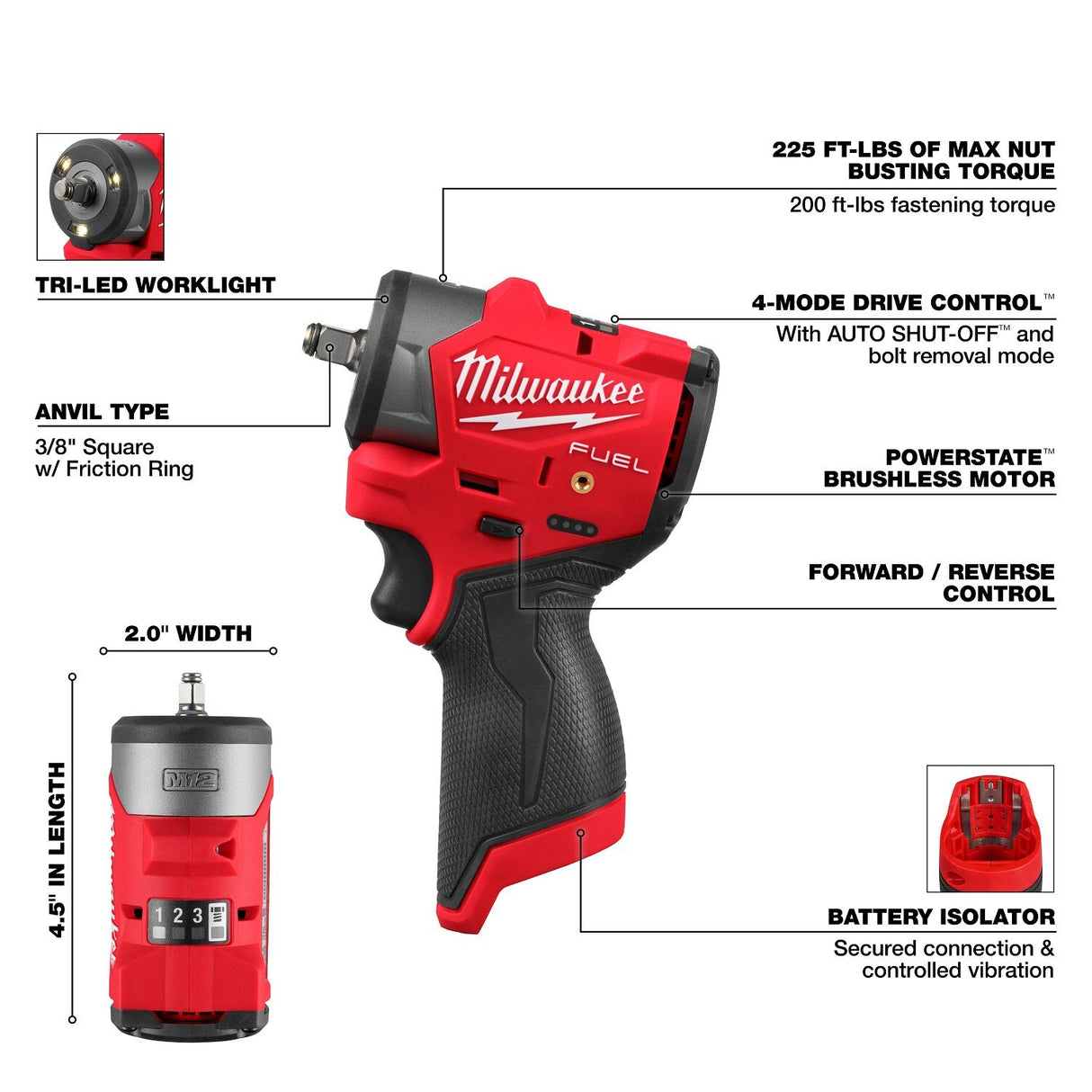 Milwaukee 3049-20 M12 FUEL 3/8" Subcompact Impact Wrench with Friction Ring - 2