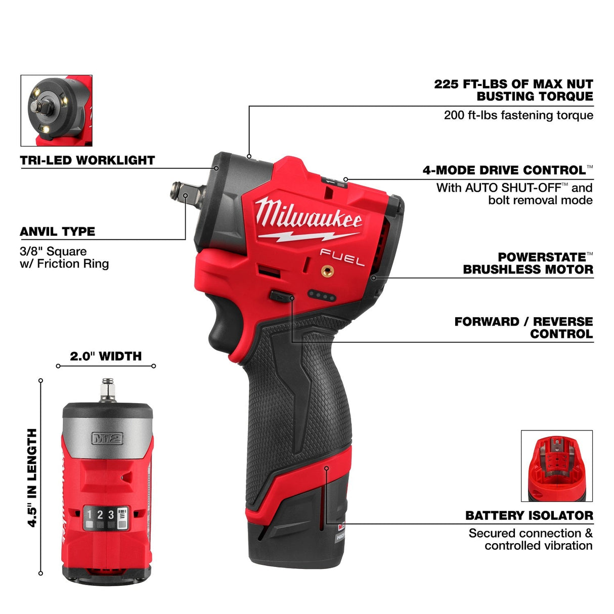 Milwaukee 3049-22 M12 FUEL 3/8" Subcompact Impact Wrench Kit with Friction Ring - 4