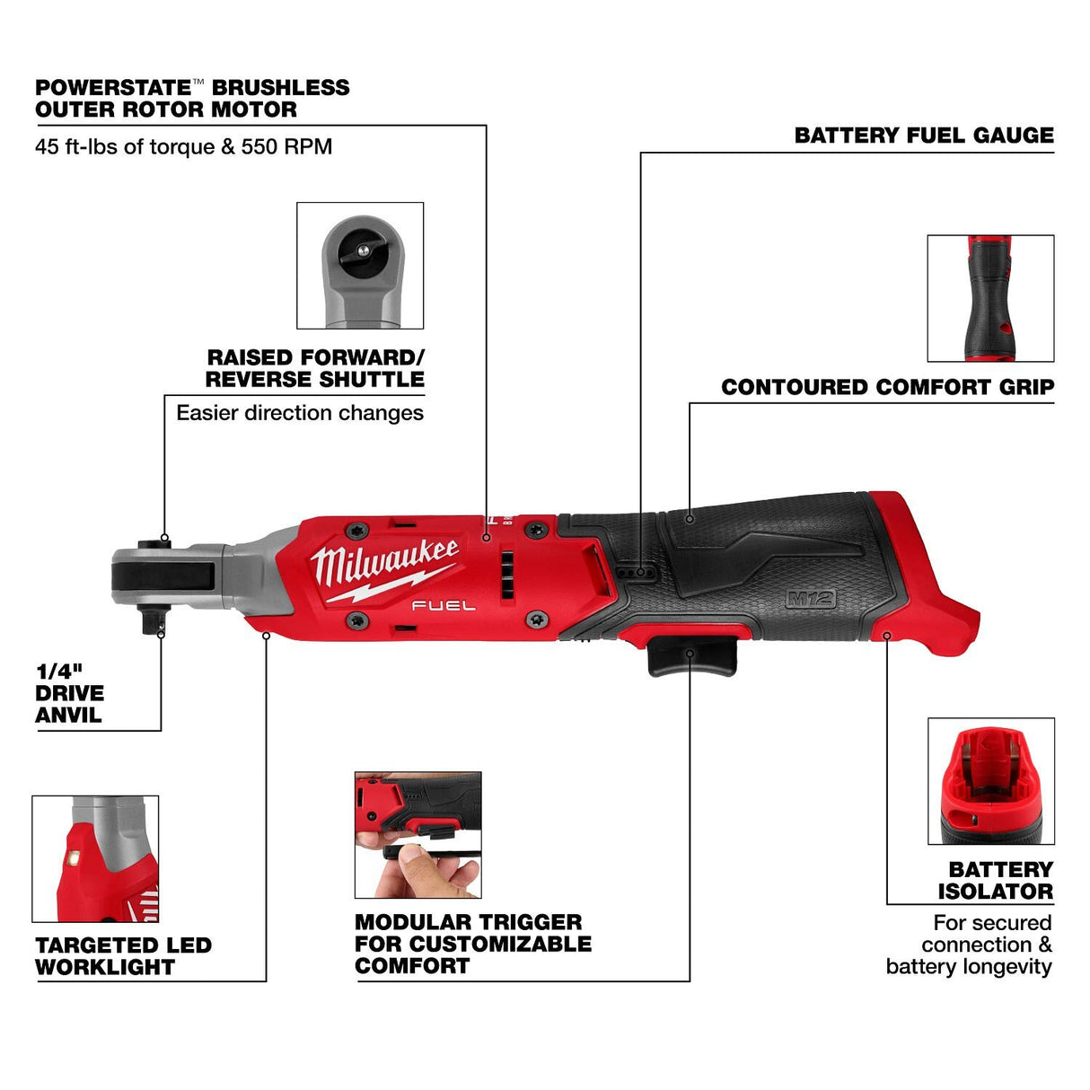 Milwaukee 3052-20 M12 FUEL 1/4 Inch Cordless Ratchet, 550 RPM, 45 ft-lbs, Compact Head (Bare Tool) - 3