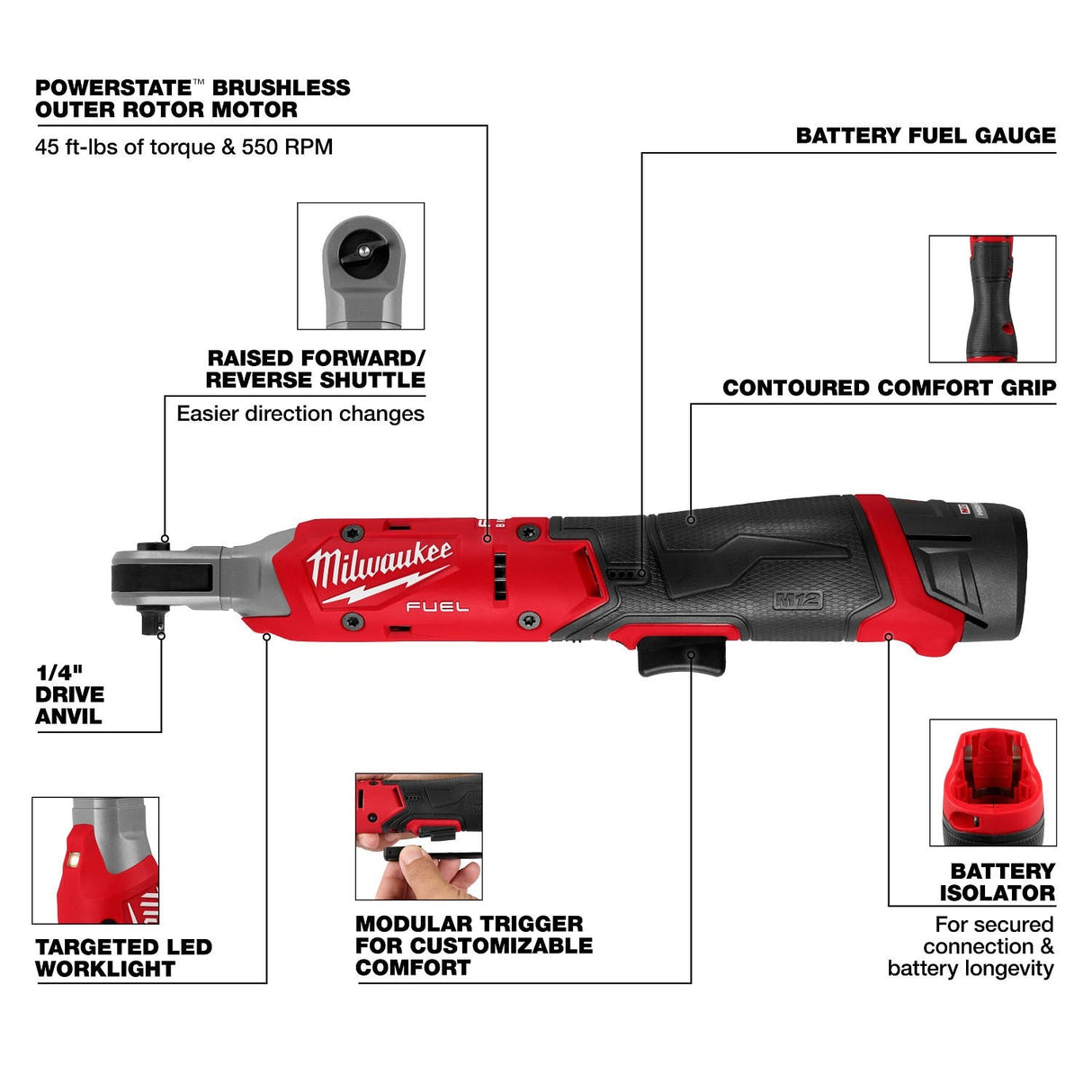 Milwaukee 3052-21 M12 FUEL 1/4 Inch Ratchet Kit with 550 RPM and 45 ft-lbs Max Torque (1 Battery) - 3