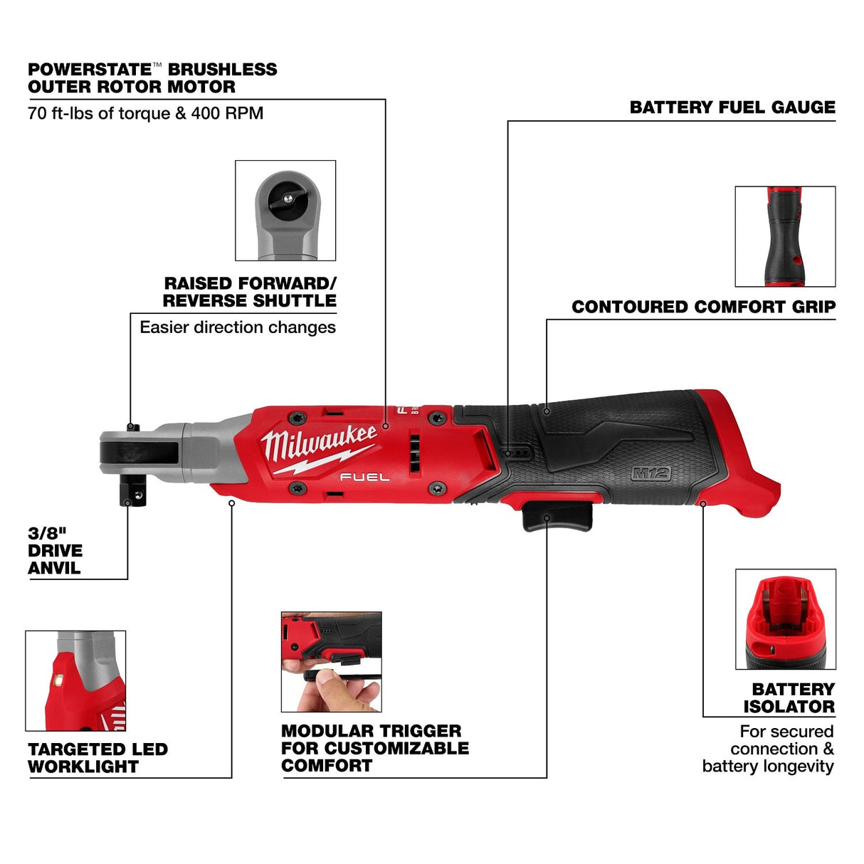 Milwaukee 3053-20 M12 FUEL 3/8 Inch Cordless Ratchet Bare Tool (No Battery or Charger) - 3