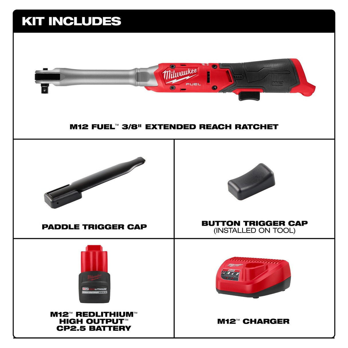Milwaukee 3059-21 M12 FUEL 3/8" Extended Reach Ratchet Kit with 2.5Ah Battery and Charger - 3