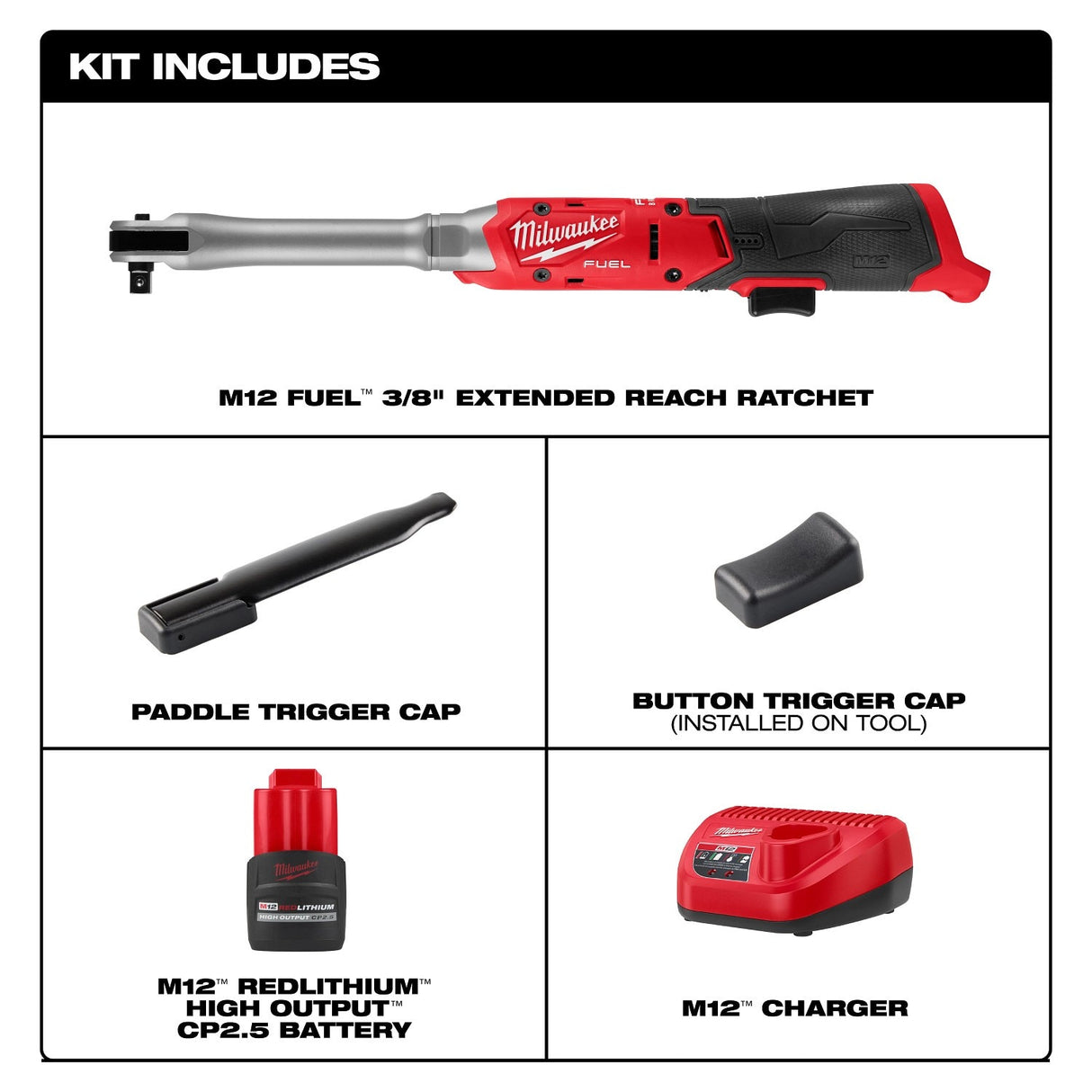 Milwaukee 3059-21 M12 FUEL 3/8" Extended Reach Ratchet Kit with 2.5Ah Battery and Charger - 3