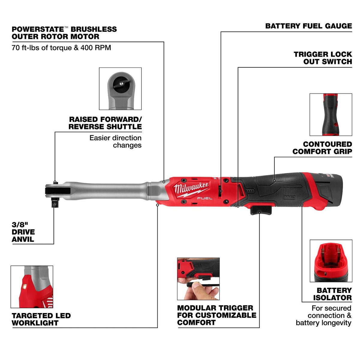 Milwaukee 3059-21 M12 FUEL 3/8" Extended Reach Ratchet Kit with 2.5Ah Battery and Charger - 4