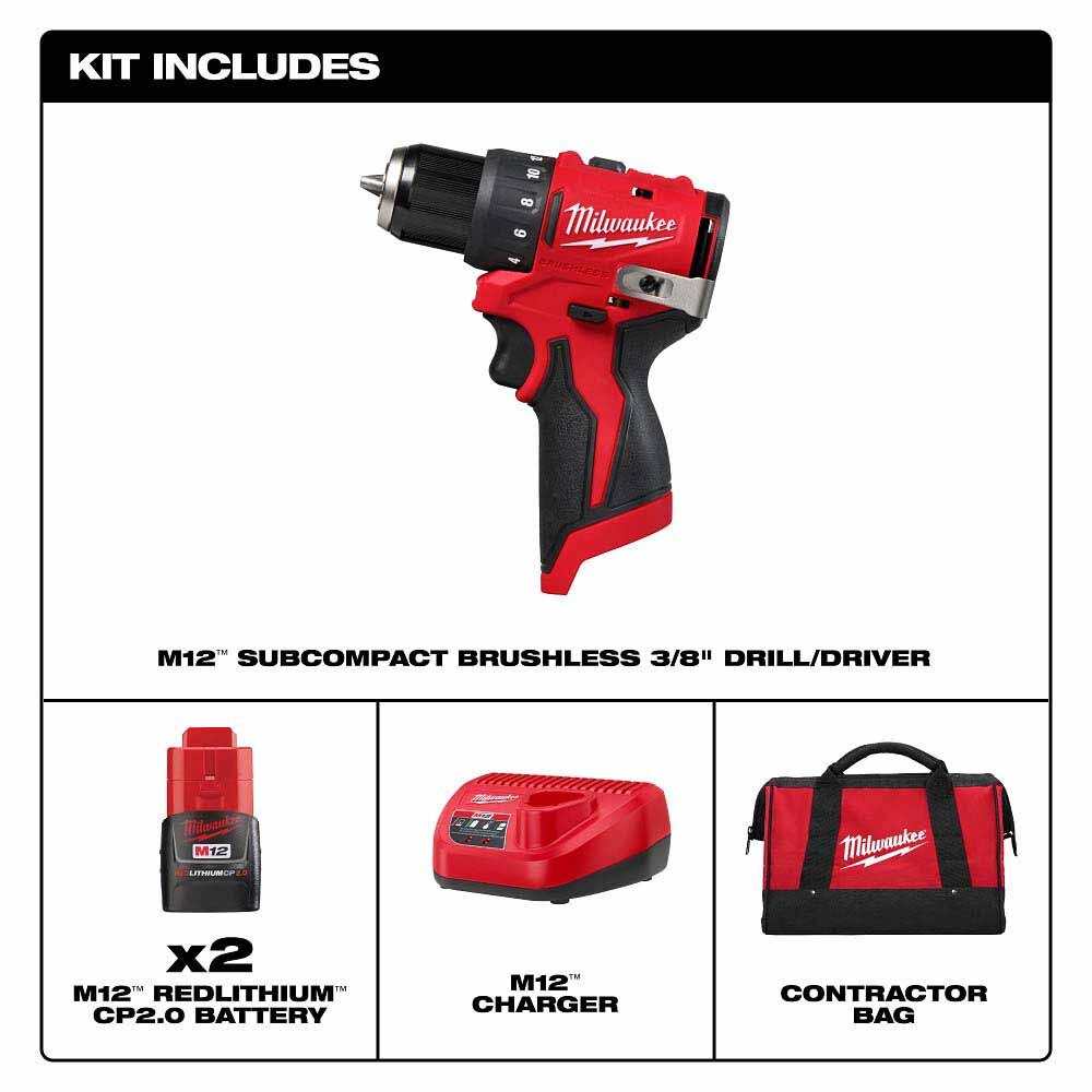 Milwaukee 3401-22 M12 Subcompact Brushless 3/8" Drill/Driver Kit - 3