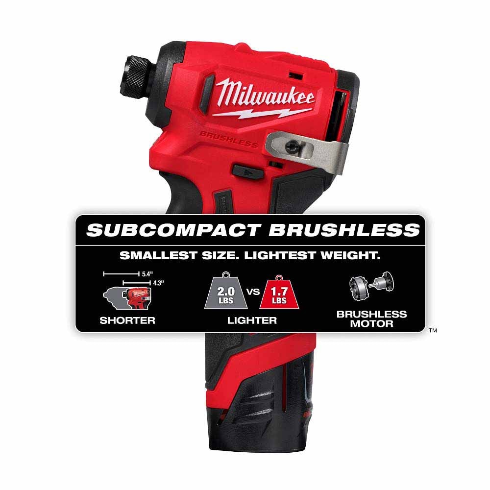 Milwaukee 3450-22 M12 Subcompact Brushless 1/4" Hex Impact Driver Kit - 4