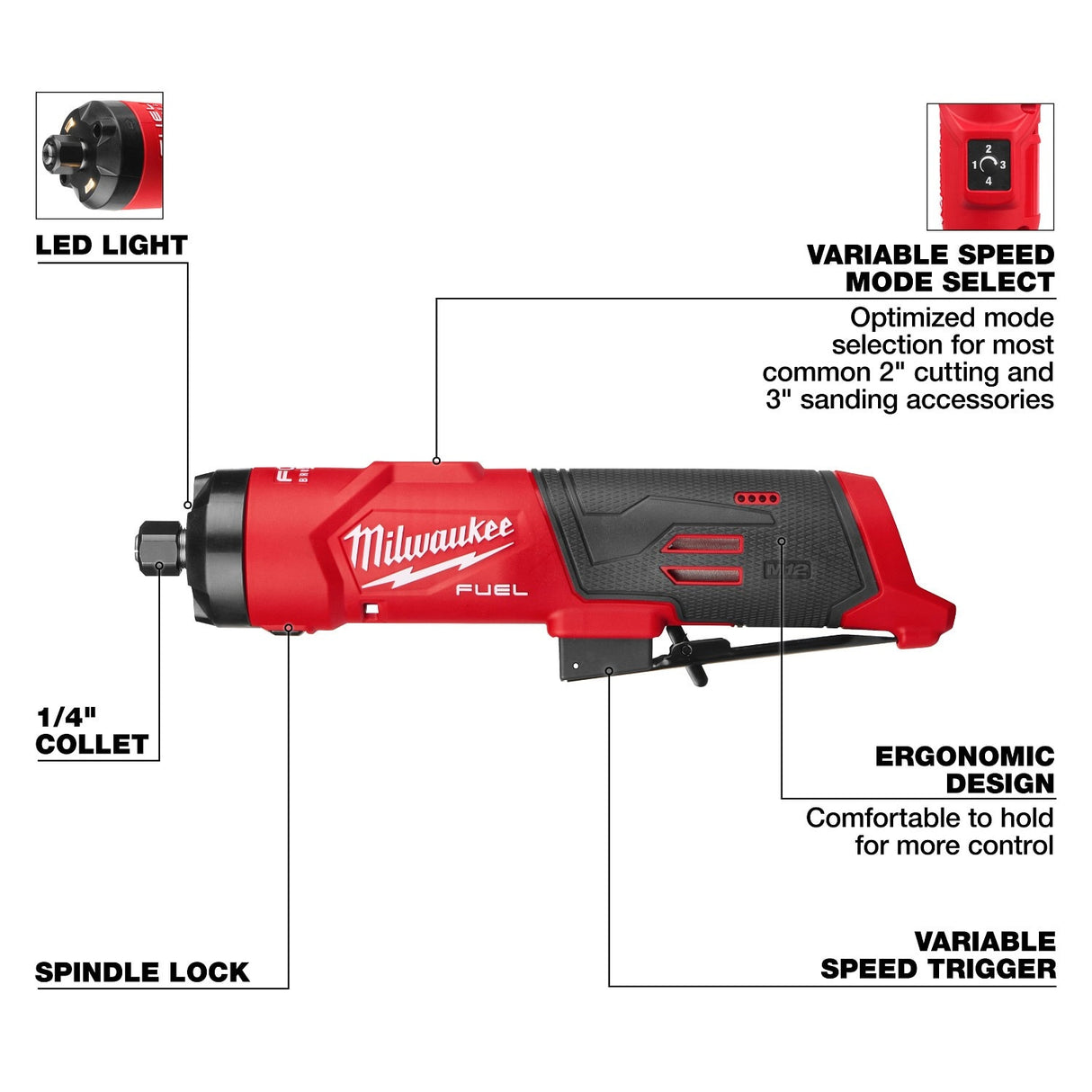 Milwaukee 3486-20 M12 Fuel 1/4" Cordless Brushless Straight Die Grinder Bare Tool - 7