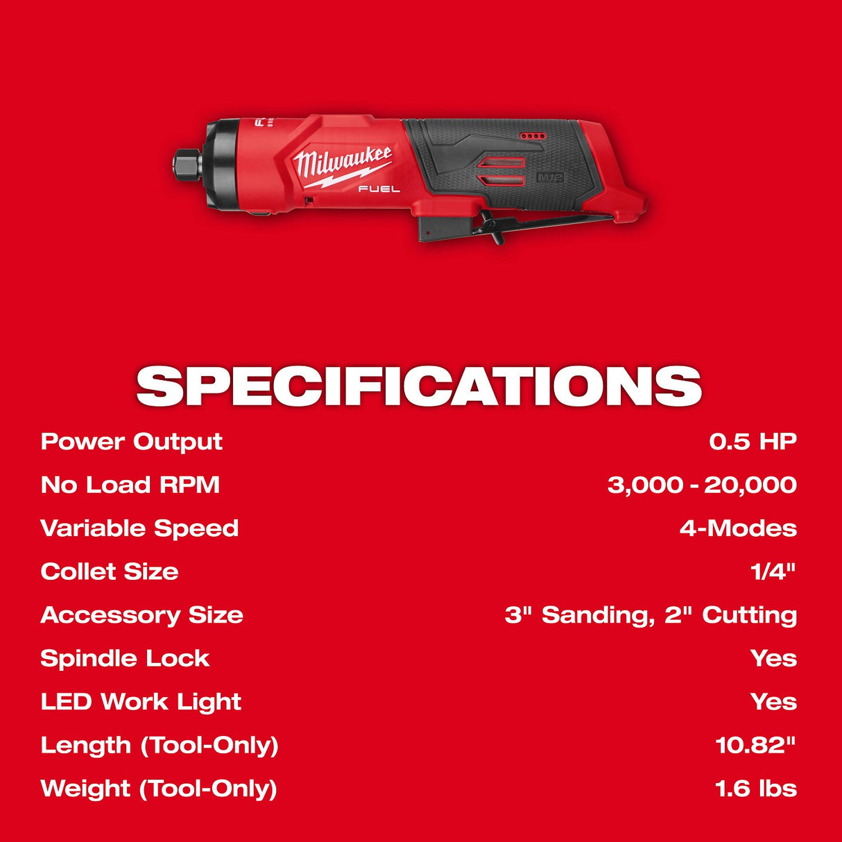 Milwaukee 3486-20 M12 Fuel 1/4" Cordless Brushless Straight Die Grinder Bare Tool - 8