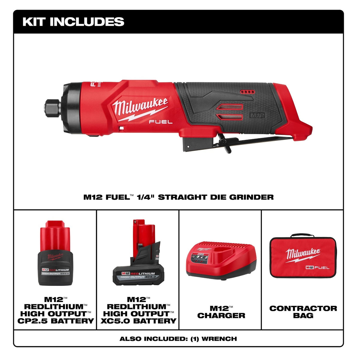 Milwaukee 3486-22 M12 FUEL 1/4" Straight Die Grinder Kit with 2 Batteries and Carrying Case - 2