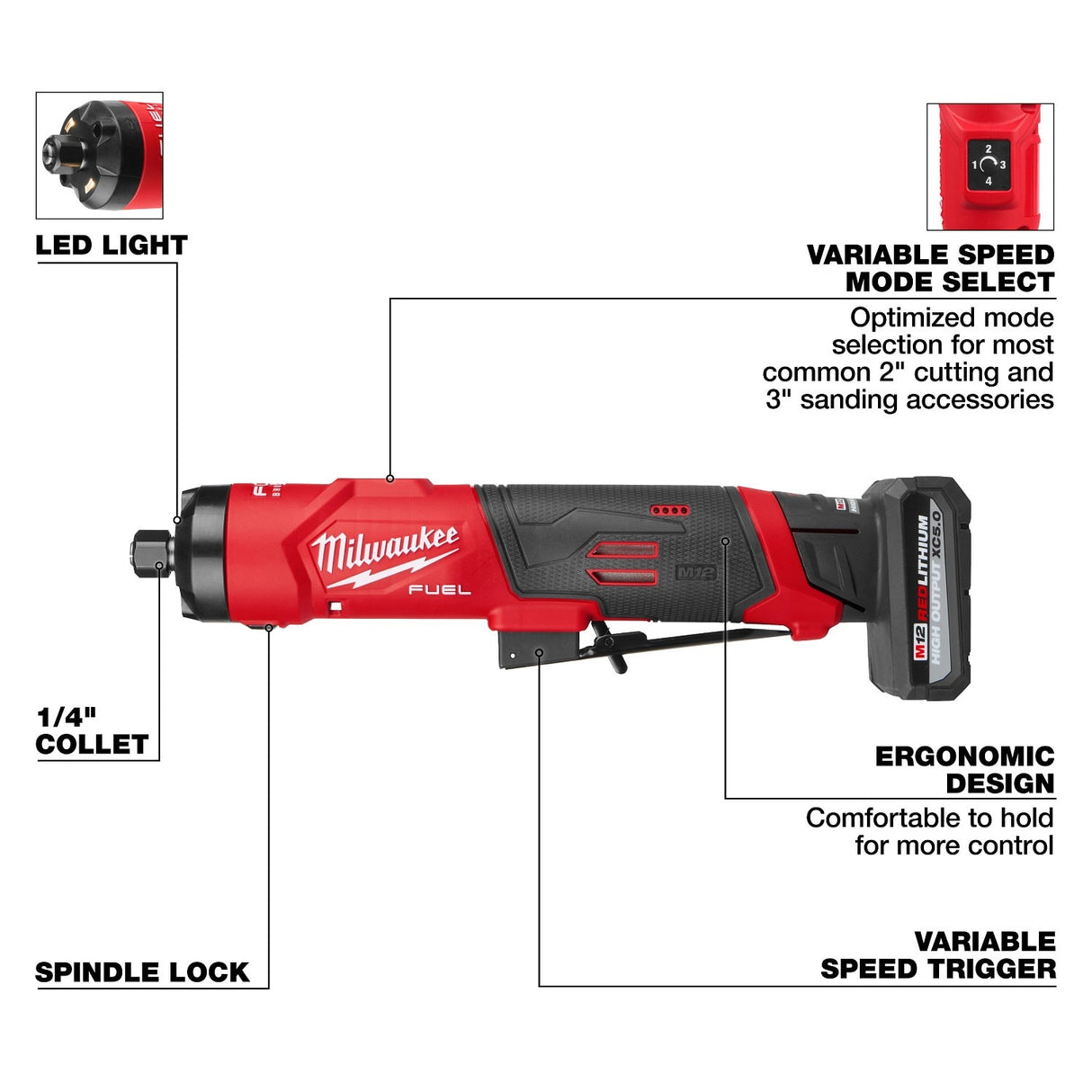 Milwaukee 3486-22 M12 FUEL 1/4" Straight Die Grinder Kit with 2 Batteries and Carrying Case - 7