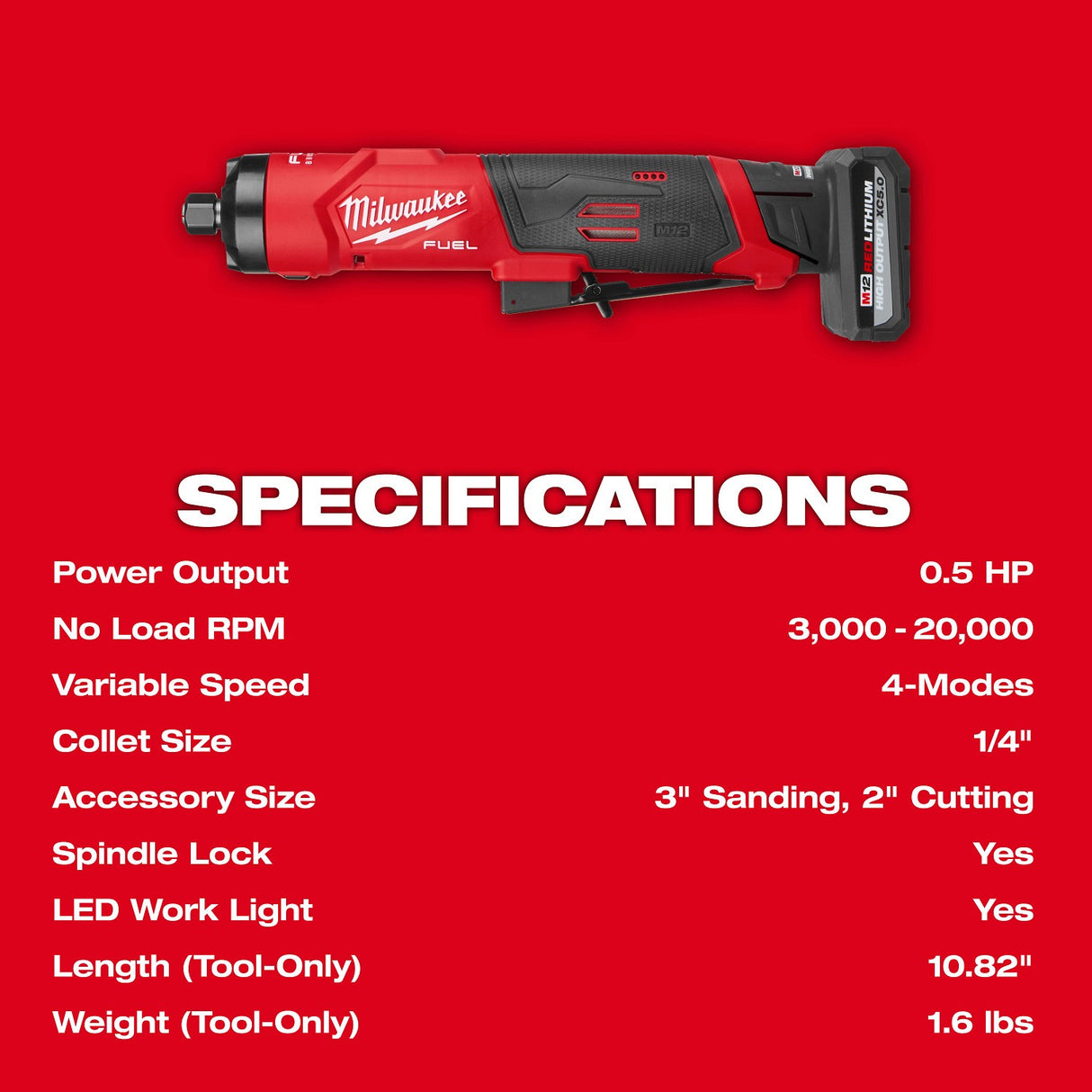 Milwaukee 3486-22 M12 FUEL 1/4" Straight Die Grinder Kit with 2 Batteries and Carrying Case - 8