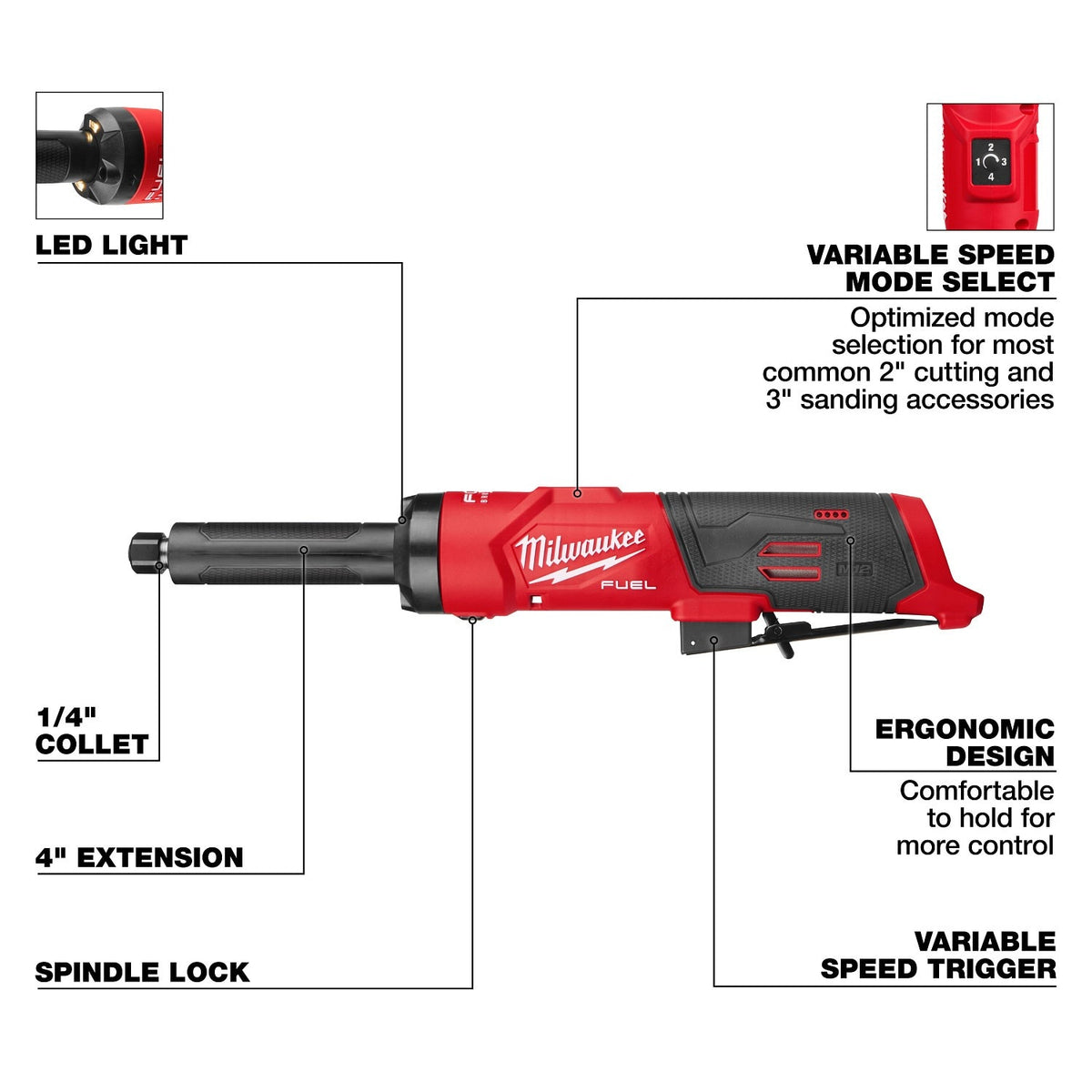 Milwaukee 3487-20 M12 FUEL 1/4" Extended Straight Die Grinder with 4" Shaft - 7