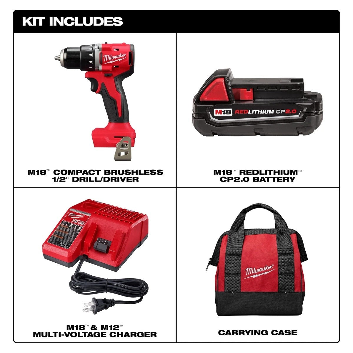 Milwaukee 3601-21CT M18 18V Compact Brushless 1/2" Drill Driver Kit 5.7" Length (Kit) - 3