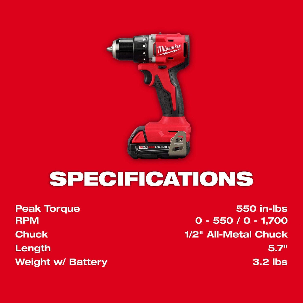 Milwaukee 3601-21CT M18 18V Compact Brushless 1/2" Drill Driver Kit 5.7" Length (Kit) - 5