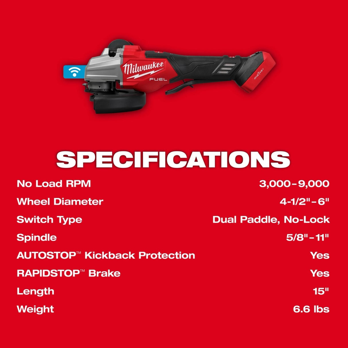 Milwaukee 3676-20 M18 FUEL 4-1/2 to 6 in. Dual-Trigger Variable Speed Braking Angle Grinder, Paddle Switch w/ ONE-KEY - 4