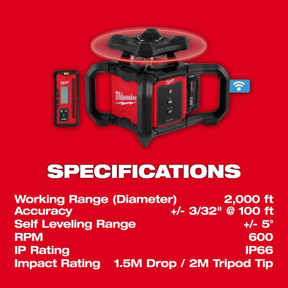 Milwaukee 3701-21T M18 Red Exterior Rotary Laser Level Kit w/ Receiver, Tripod, & Grade Rod - 6