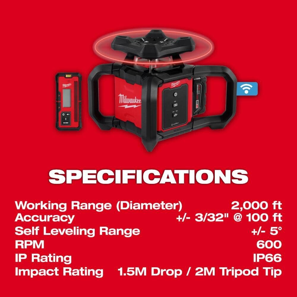 Milwaukee 3701-21 M18 Red Exterior Rotary Laser Level Kit w/ Receiver - 6