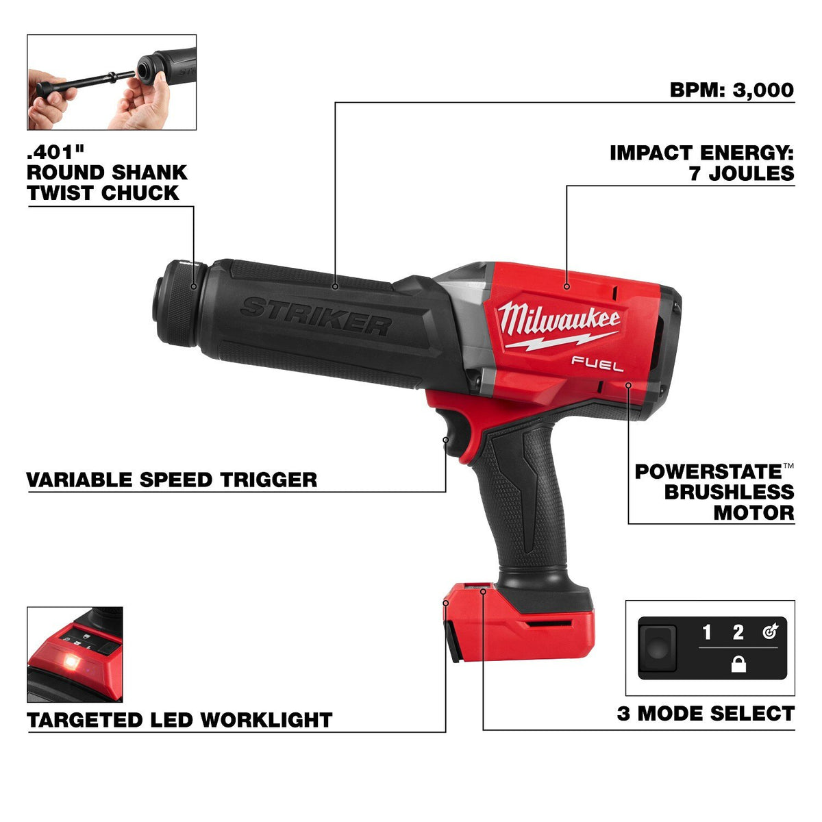 Milwaukee 3771-20 M18 FUEL Striker 0.401" Round Shank Cordless Hammer Chisel - 6