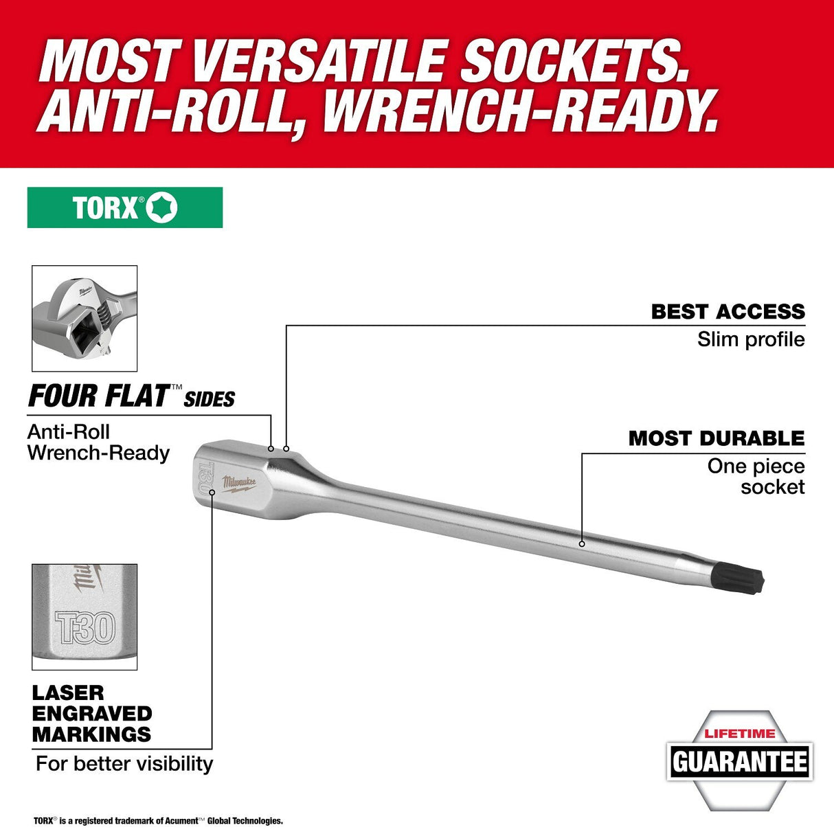 Milwaukee 45-34-1063 1/4" Drive T15 Long TORX Bit Socket with 6 in. Reach and Anti-Roll Wrench-Ready Sides - 2