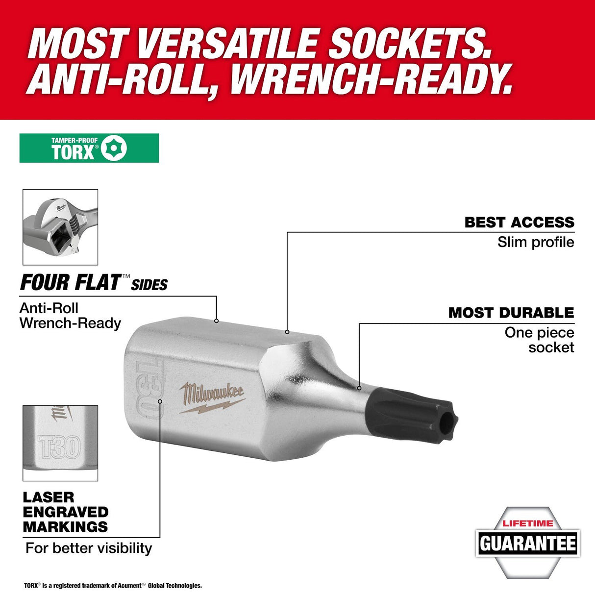 Milwaukee 45-34-1152 T15 Tamper Proof Torx Bit Socket 1/4 in. Drive Anti-Roll Flat Sides - 2
