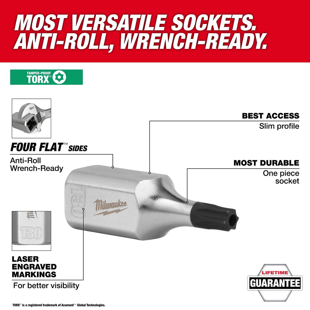 Milwaukee 45-34-1161 3/8 in. Drive T55 Tamper Proof TORX Bit Socket with FOUR FLAT Sides (1 Piece) - 2