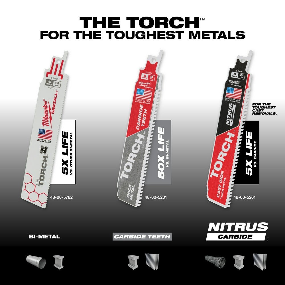 Milwaukee 48-00-5201 6" 8TPI Torch Metal Cutting Sawzall Blade with Carbide Teeth - 6