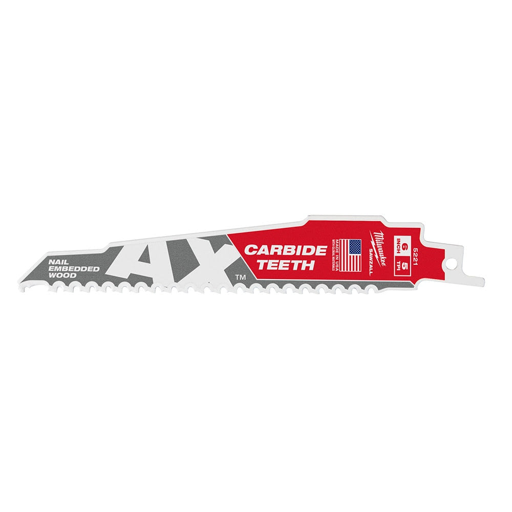 Milwaukee 48-00-5221 AX Sawzall Blade With Carbide Teeth, 6" 5T