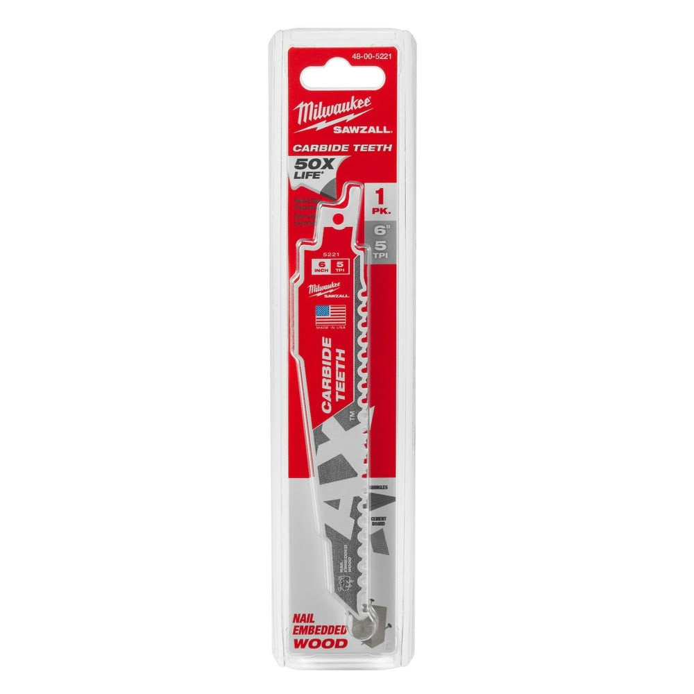 Milwaukee 48-00-5221 AX Sawzall Blade With Carbide Teeth, 6" 5T - 10