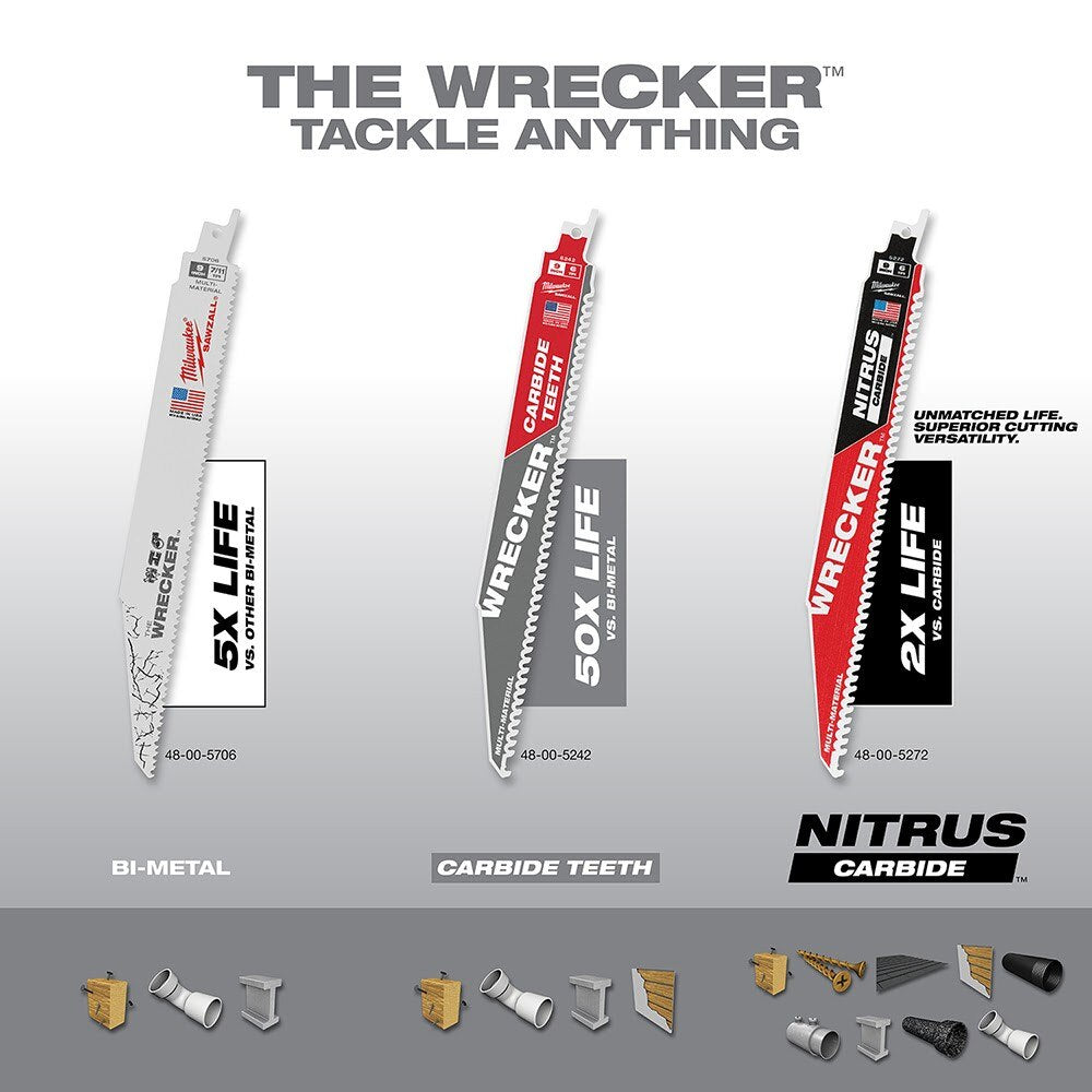 Milwaukee 48-00-5242 9" 6 TPI THE WRECKER™ with Carbide Teeth SAWZALL® Blade 1PK - 6