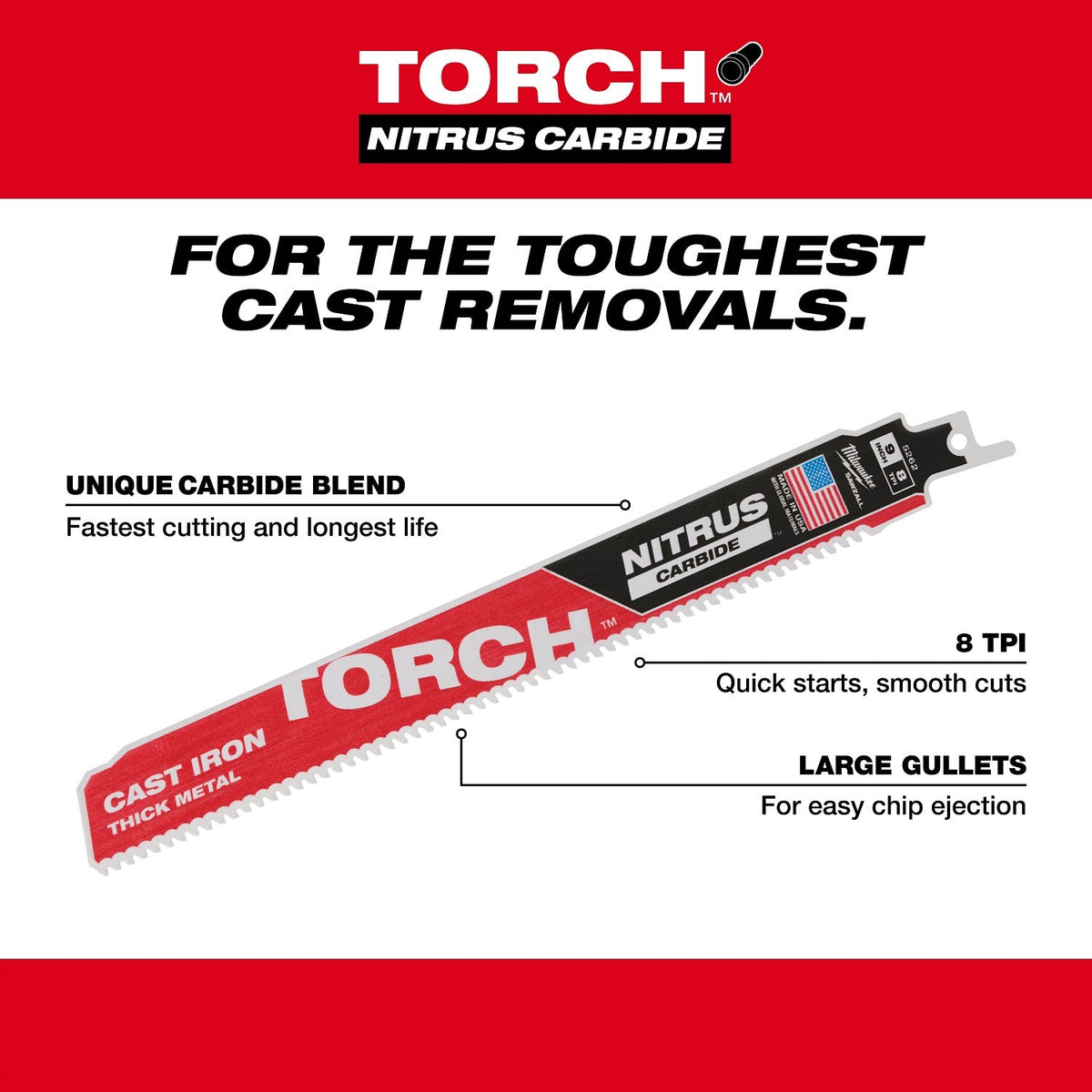 Milwaukee 48-00-5363 12” 7TPI The TORCH™ with NITRUS Carbide™ for Cast Iron SAWZALL® Blade 3PK - 6