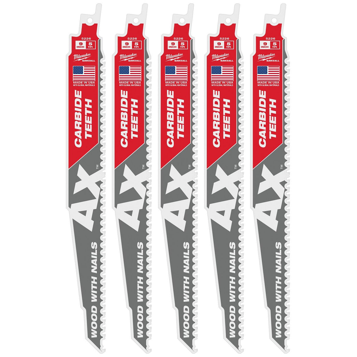 Milwaukee 48-00-5526 9" 5TPI AX with Carbide Teeth Sawzall Blade, 5 Pack