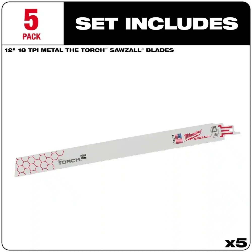 Milwaukee 48-00-5789S 12" 18 TPI TORCH Medium Metal Cutting SAWZALL Blades (5-Pack) - 2