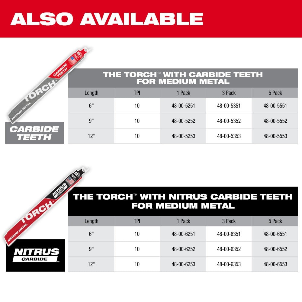 Milwaukee 48-00-6251 6" Reciprocating Saw Blade 10TPI The TORCH with NITRUS CARBIDE Teeth for Medium Metal 1PK - 13