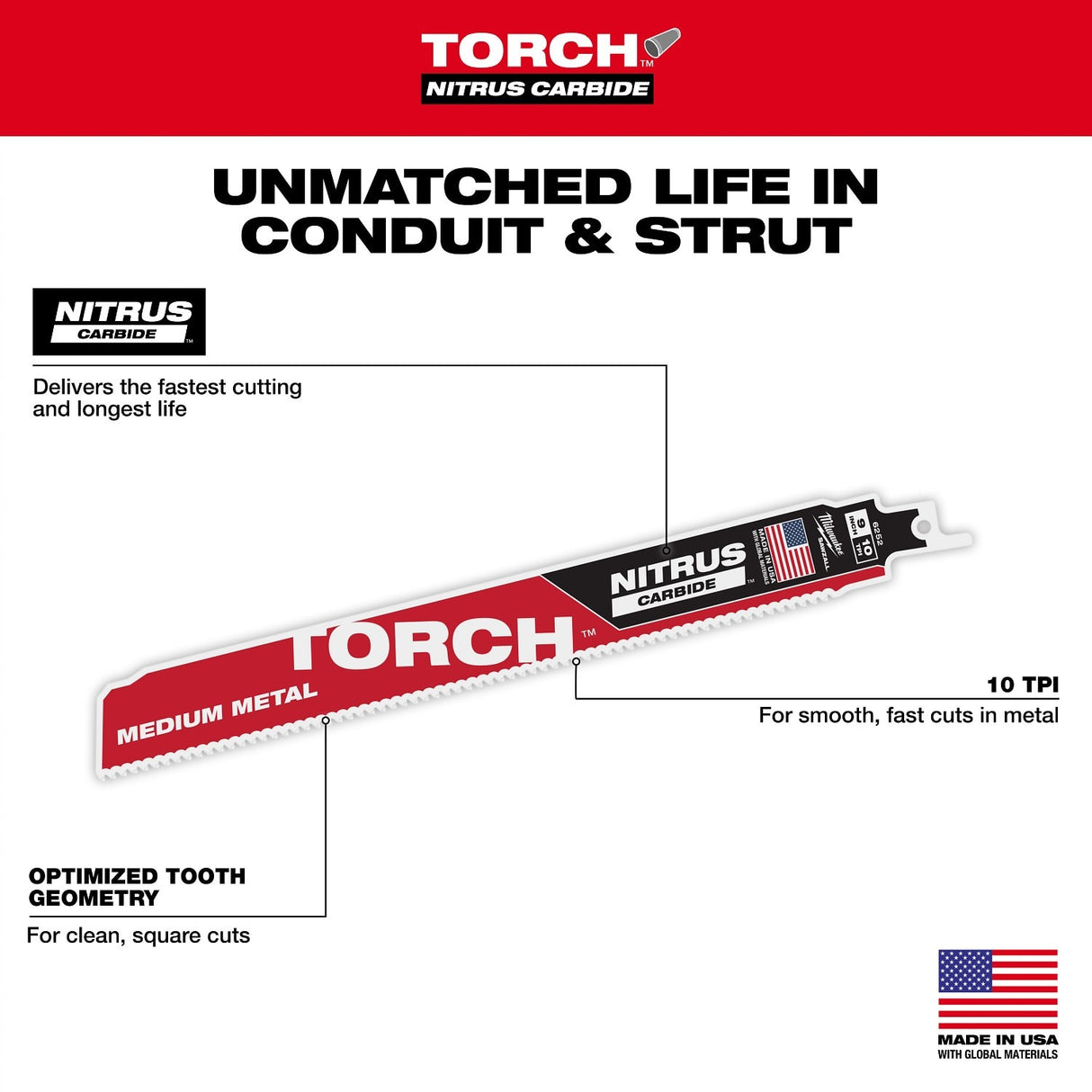 Milwaukee 48-00-6252 9" Reciprocating Saw Blade10TPI The TORCH with NITRUS CARBIDE Teeth for Medium Metal 1PK - 6