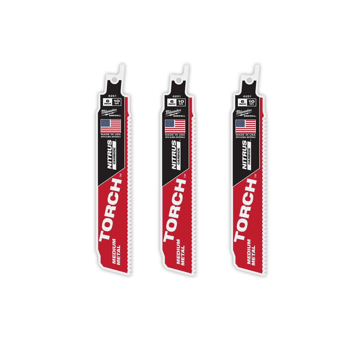 Milwaukee 48-00-6351 6" Reciprocating Saw Blade 10TPI The TORCH with NITRUS CARBIDE Teeth for Medium Metal 3PK