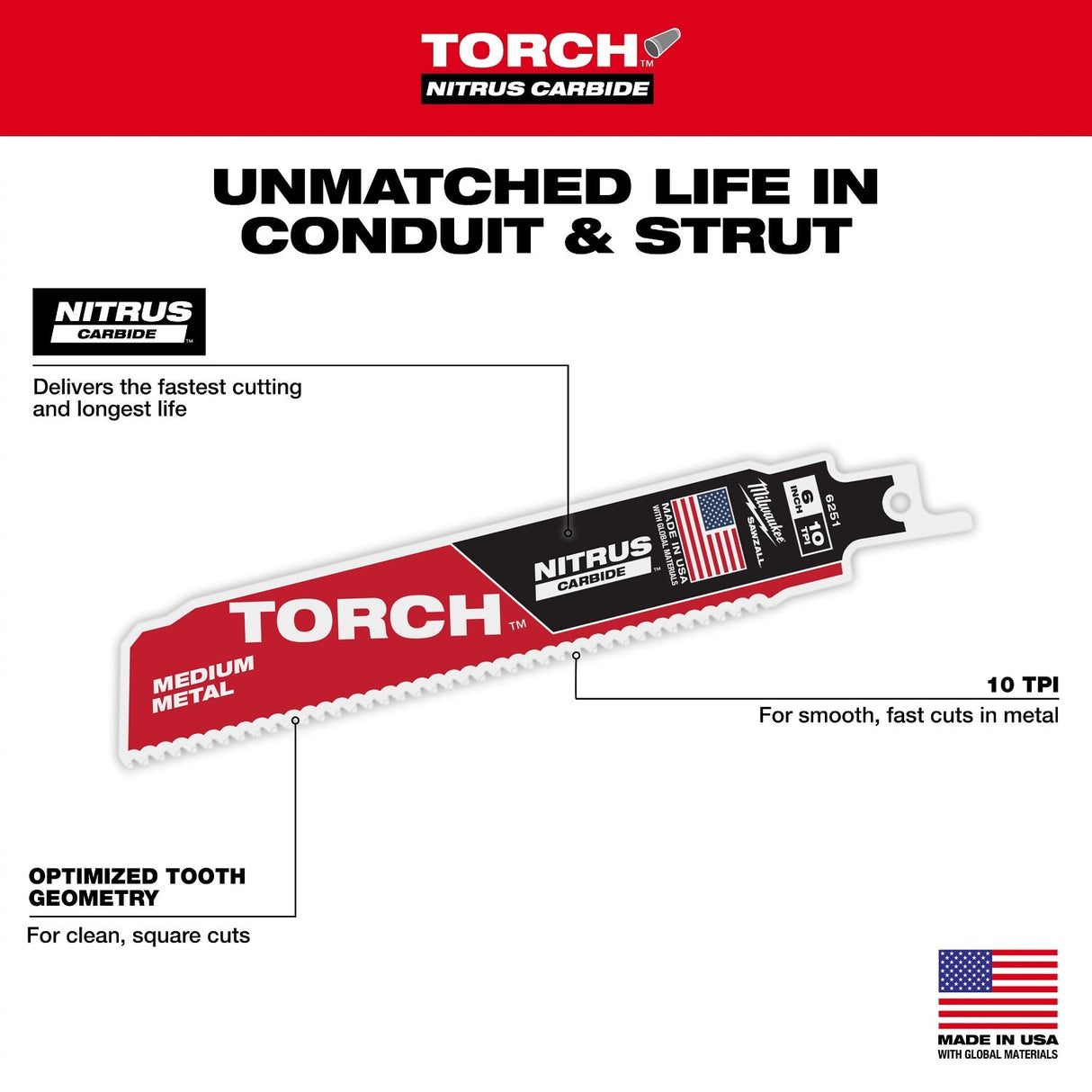 Milwaukee 48-00-6351 6" Reciprocating Saw Blade 10TPI The TORCH with NITRUS CARBIDE Teeth for Medium Metal 3PK - 6