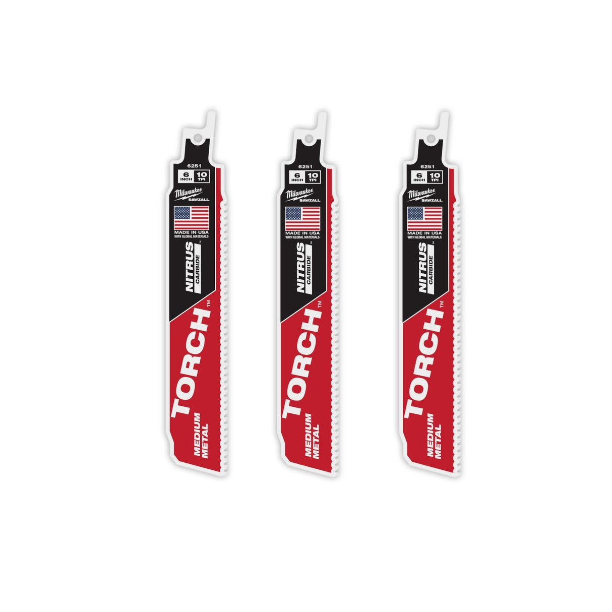 Milwaukee 48-00-6351 6" Reciprocating Saw Blade 10TPI The TORCH with NITRUS CARBIDE Teeth for Medium Metal 3PK - 14