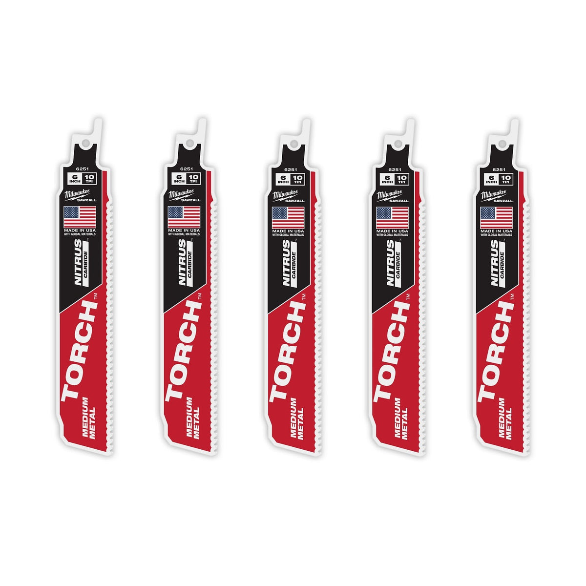 Milwaukee 48-00-6551 6" Reciprocating Saw Blade 10TPI The TORCH with NITRUS CARBIDE Teeth for Medium Metal 5PK