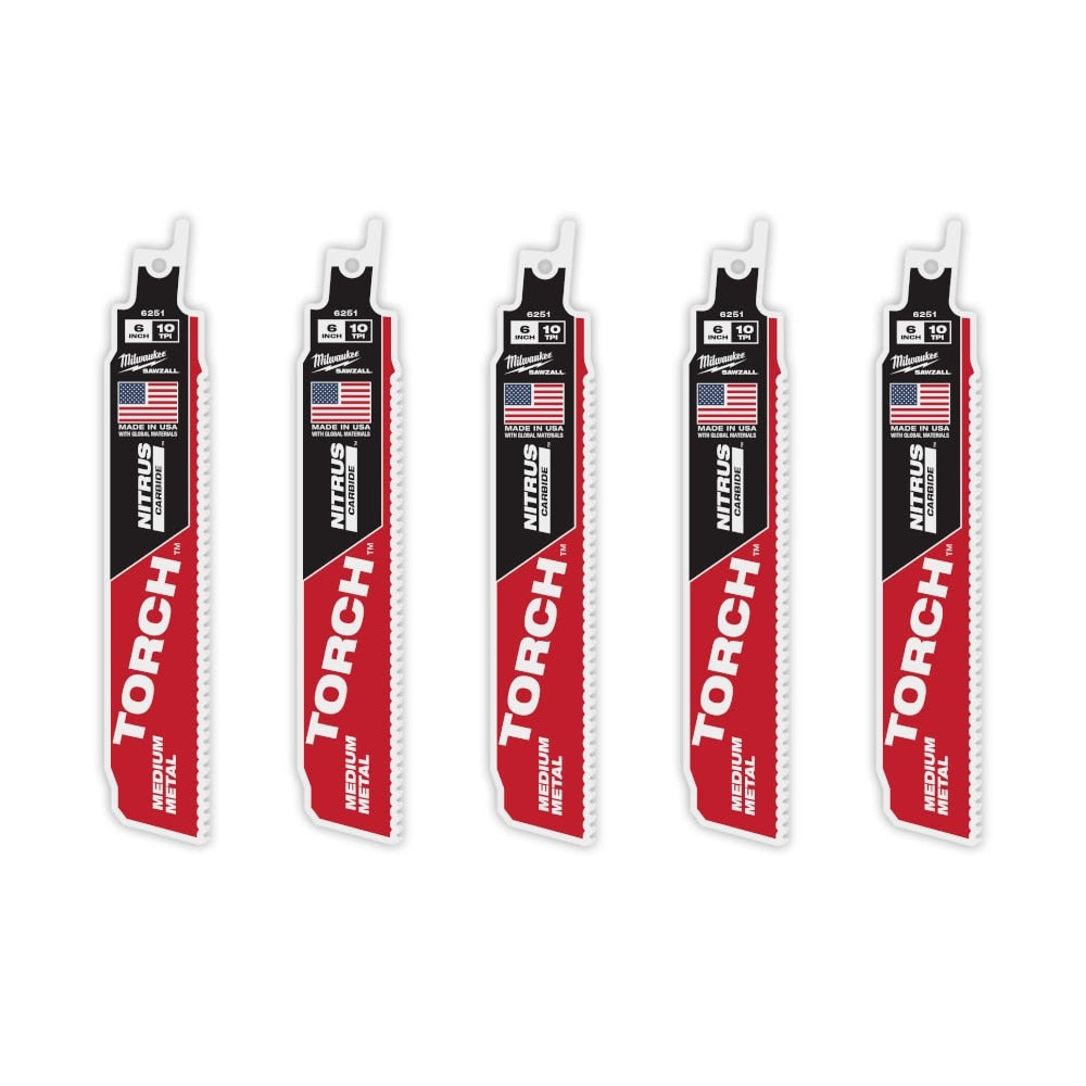 Milwaukee 48-00-6551 6" Reciprocating Saw Blade 10TPI The TORCH with NITRUS CARBIDE Teeth for Medium Metal 5PK