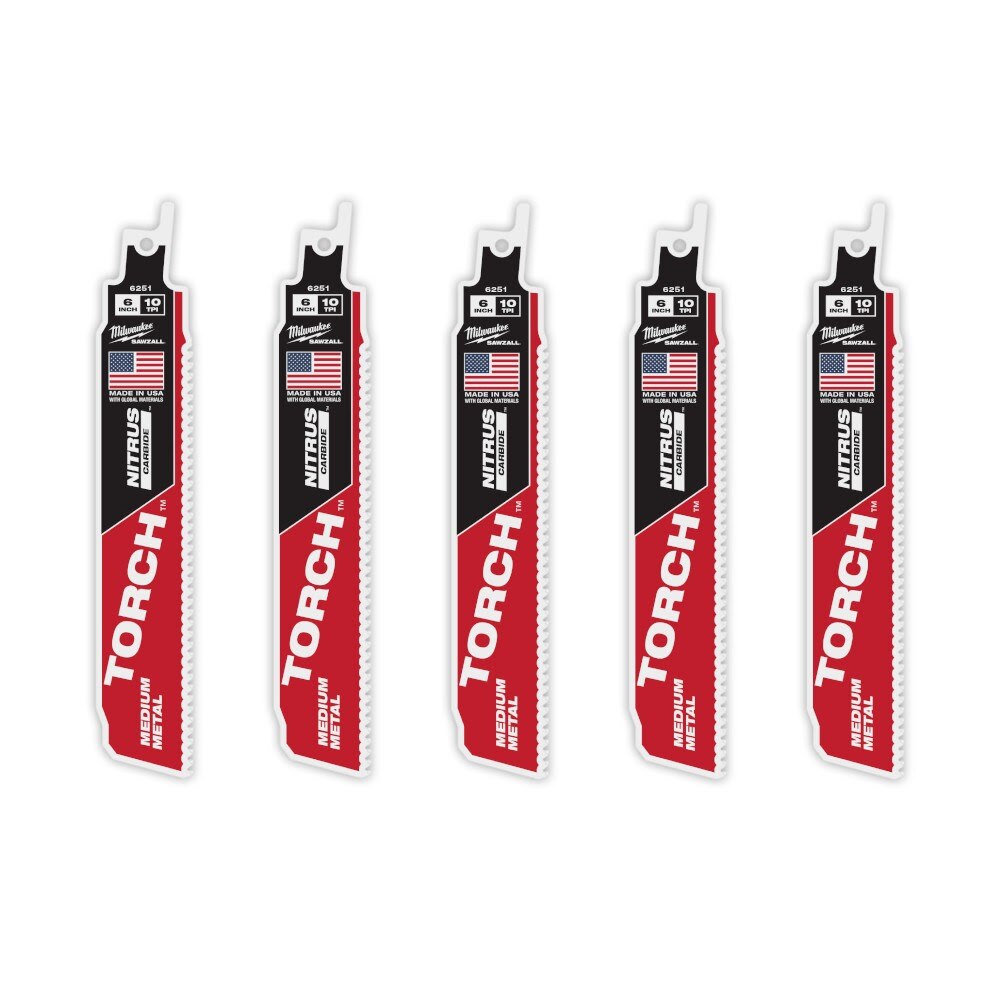 Milwaukee 48-00-6551 6" Reciprocating Saw Blade 10TPI The TORCH with NITRUS CARBIDE Teeth for Medium Metal 5PK - 14