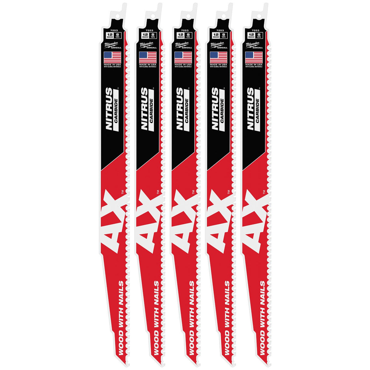 Milwaukee 48-00-7553 12" 5 TPI Nitrus Carbide Sawzall Reciprocating Saw Blade for Wood with Nails (5 Pack)
