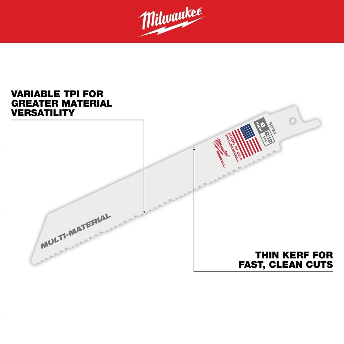 Milwaukee 48-01-2094 12 Inch Multi-Material Thin Kerf SAWZALL Reciprocating Saw Blade 8/12 TPI - 2