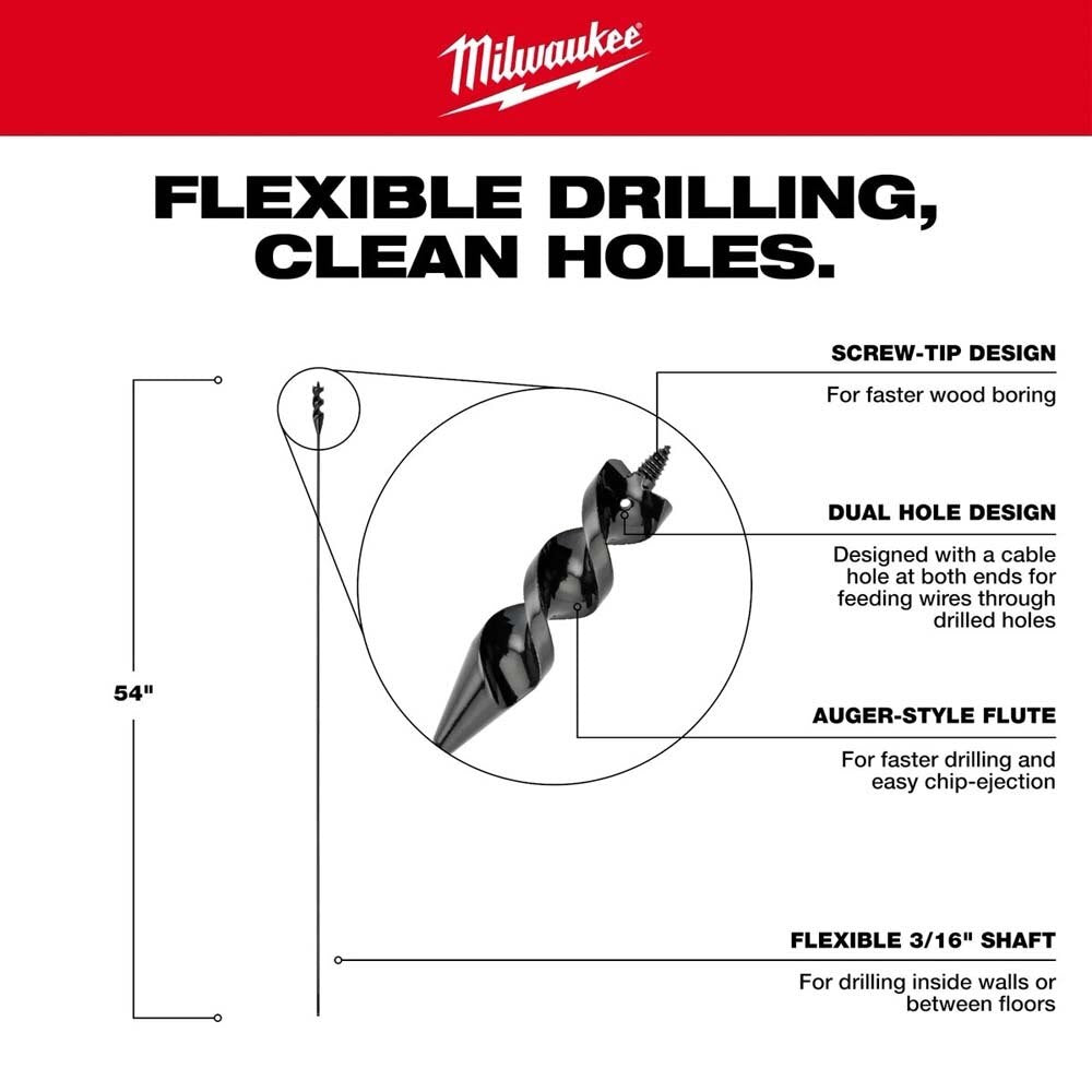 Milwaukee 48-13-8256 Flexible Cable Auger Bit for Wood Drilling - 3