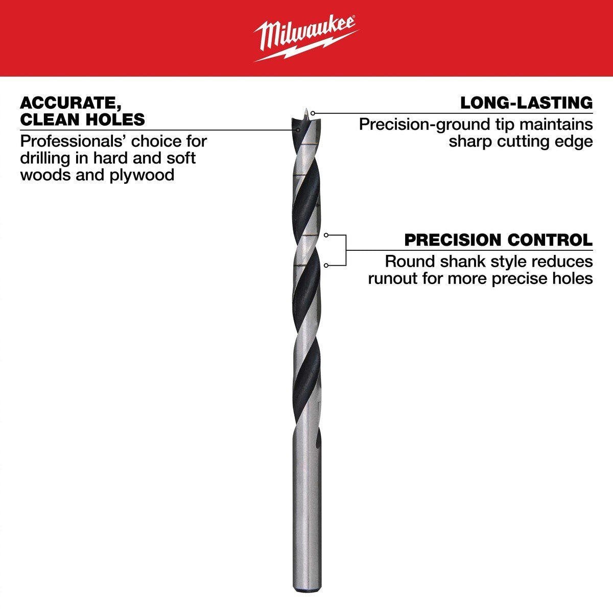 Milwaukee 48-15-0375 3/8 in. Brad Point Drill Bit for Accurate Clean Wood Holes (1 Pack) - 2