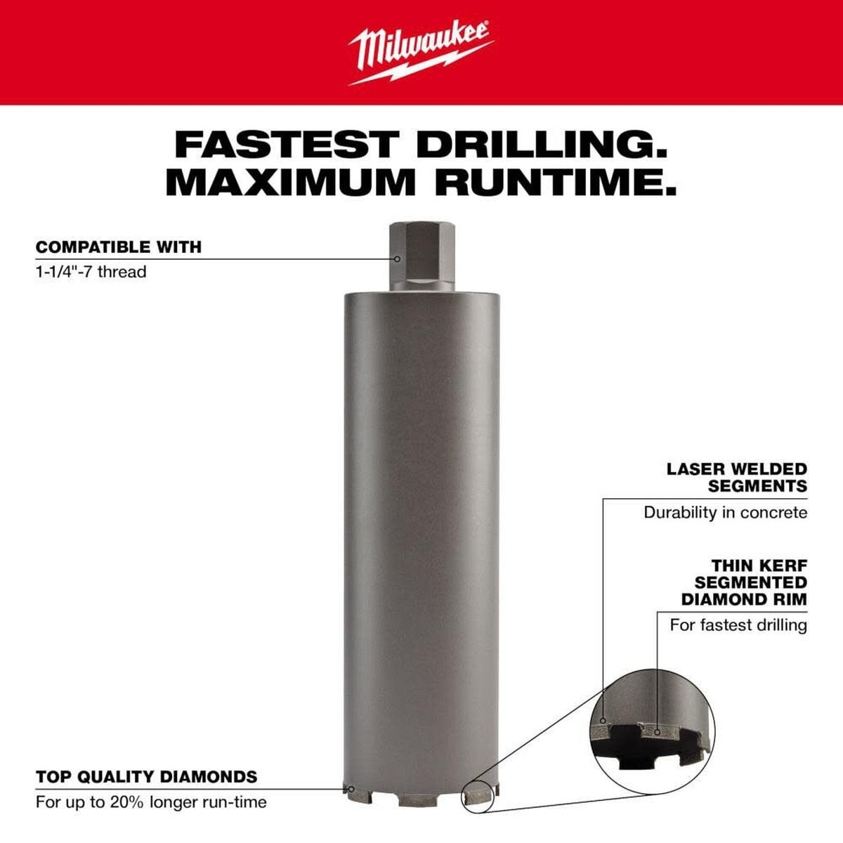 Milwaukee 48-17-0112 1-1/4" Diamond Ultra Dry Core Bit 13" Drilling Depth - 2