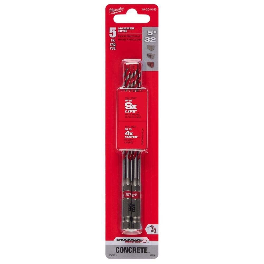 Milwaukee 48-20-9155 SHOCKWAVE Carbide Hammer Drill Bit for Concrete, Brick and Block (5 Pack) - 12