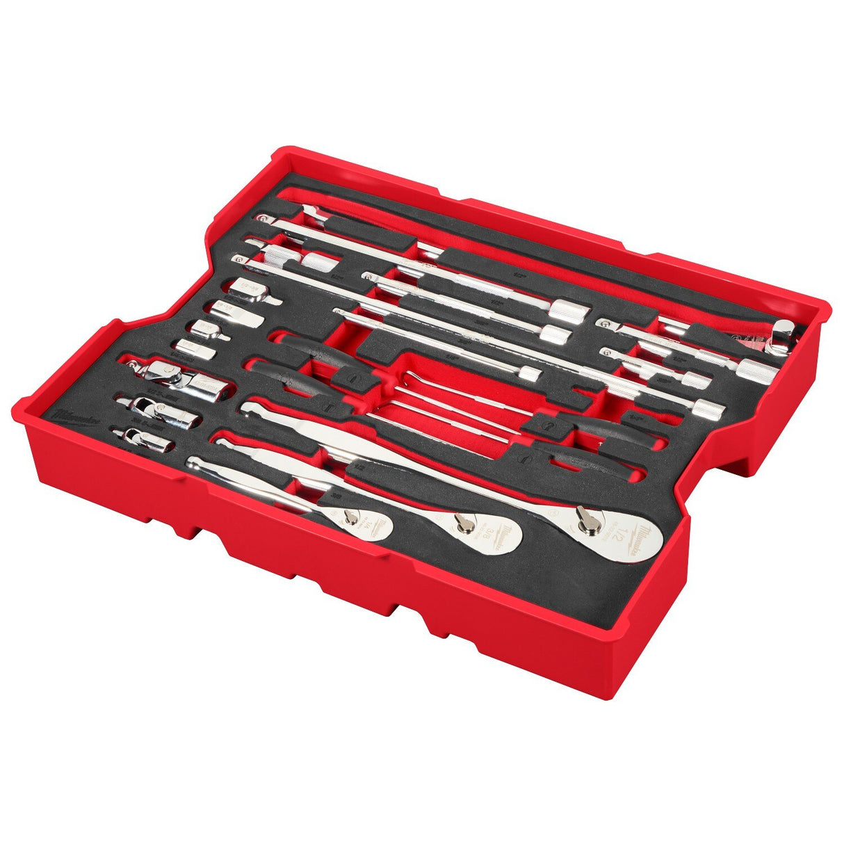 Milwaukee 48-22-0153 1/4" 3/8" 1/2" Drive Ratchet and Accessory Set with Tray for PACKOUT Drawers (23 Piece)