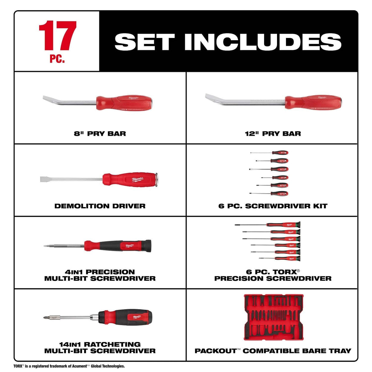 Milwaukee 48-22-0158 17pc. Screwdriver & Pry Bar Set with Tray for PACKOUT Drawers - 5