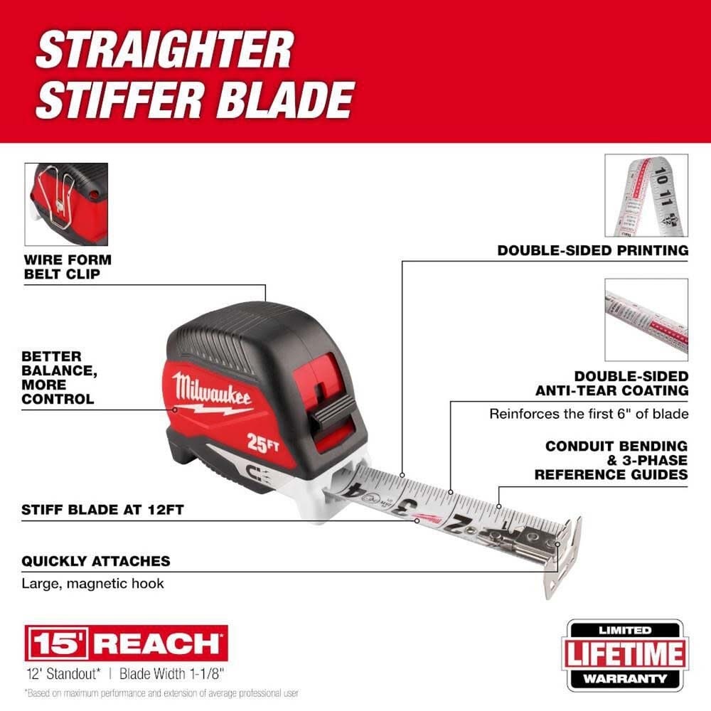 Milwaukee 48-22-1027M 25' Electrician's Compact Wide Blade Magnetic Tape Measure - 2