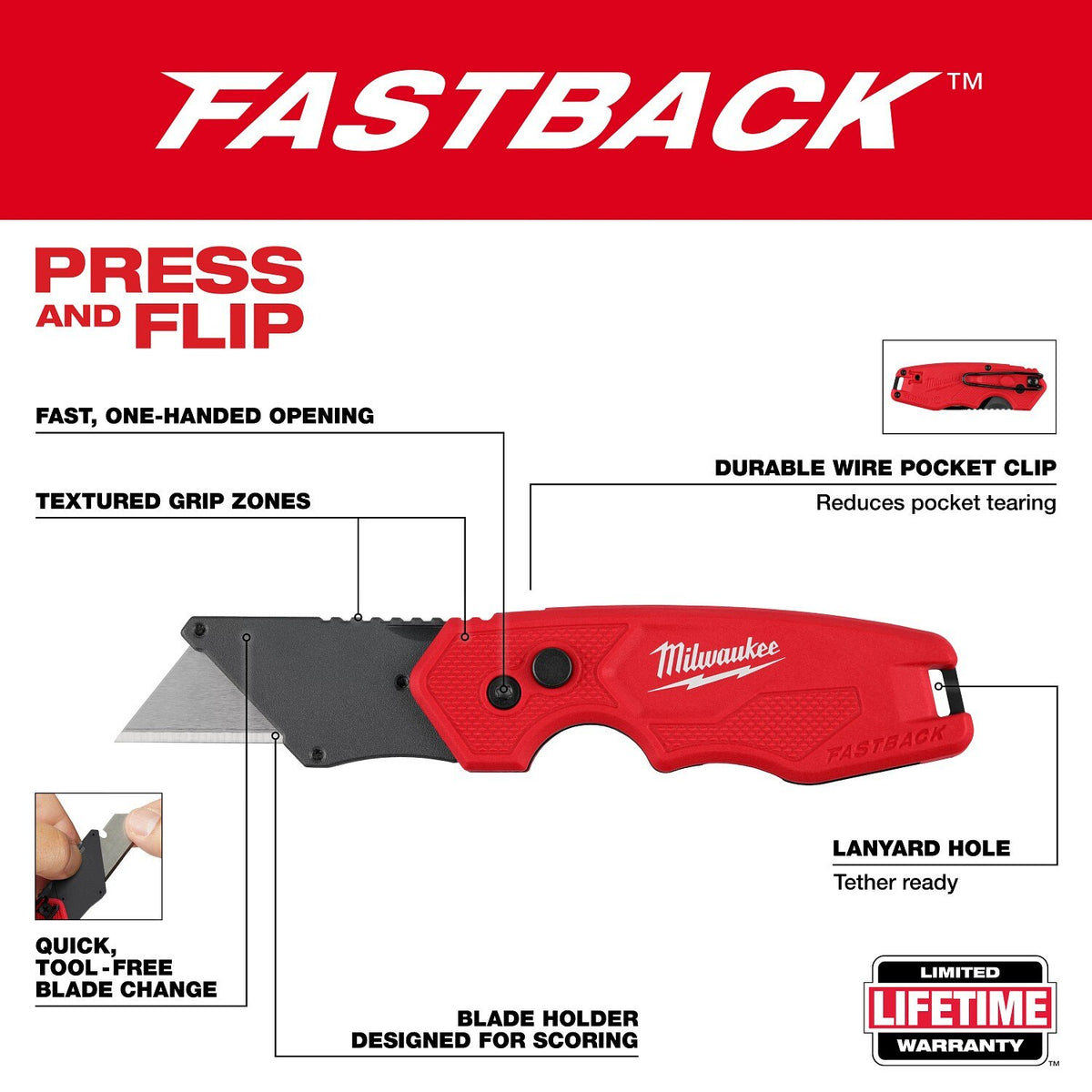 Milwaukee 48-22-1622 FASTBACK Compact Folding Utility Knives with One Handed Opening (3 Pack) - 3